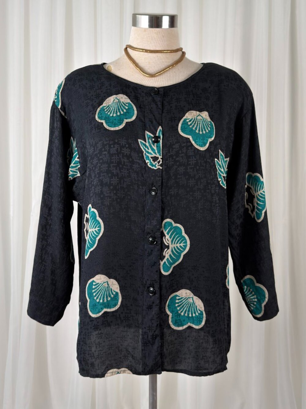 Anne Klein Vintage Jacquard Botanical Button Front Blouse Womens M Black Silk